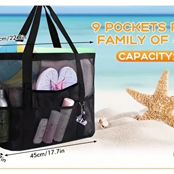 Mesh Oversized Beach Bag Black 9 Pockets Lightweight Tote Bag . NWT - Picture 3 of 5